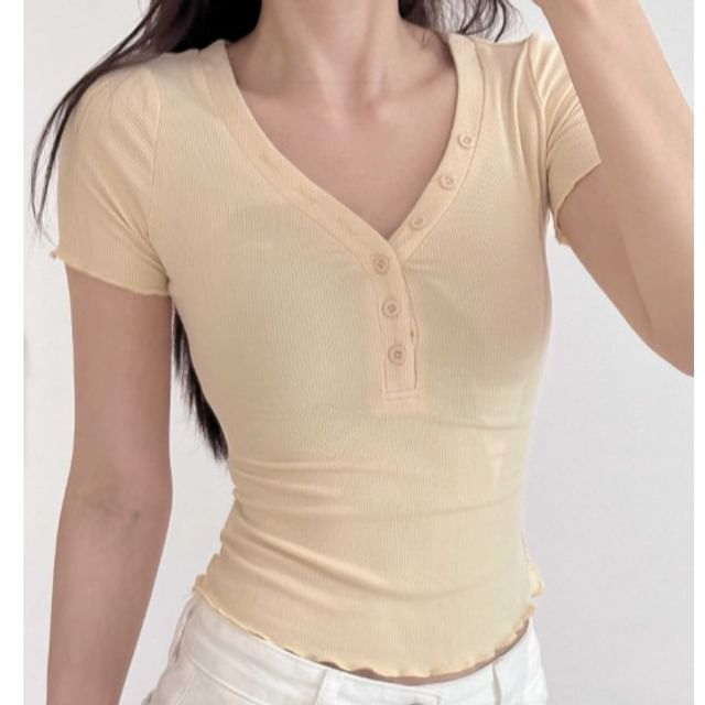 Half-Buttoned V-Neck Short-Sleeved Plain Shirt