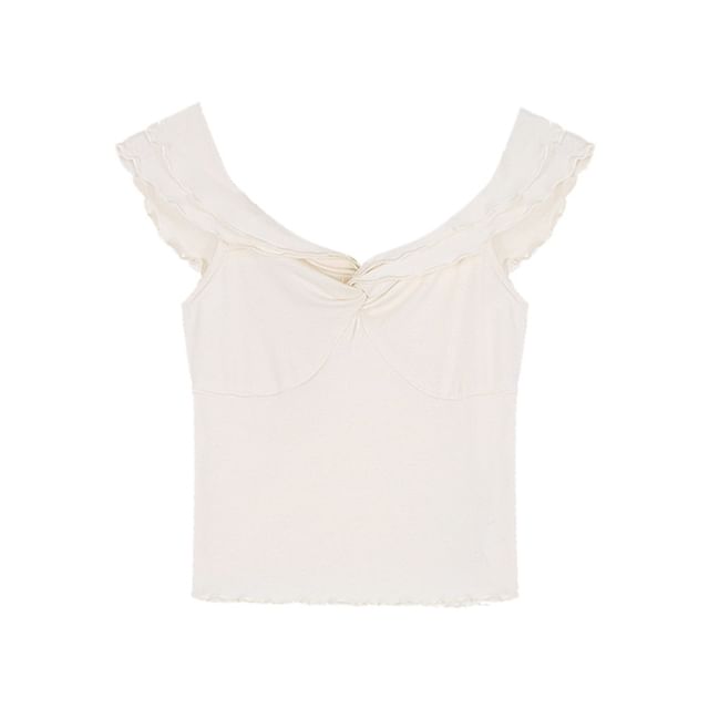 Twisted V-Neck Short-Sleeved Plain Crop Blouse