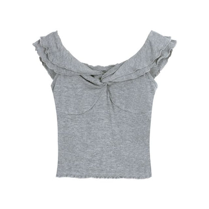 Twisted V-Neck Short-Sleeved Plain Crop Blouse