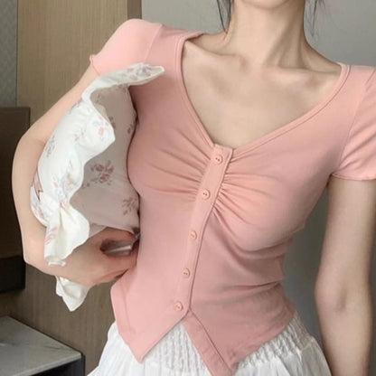 Buttoned Short-Sleeved V-Neck Plain Shirt