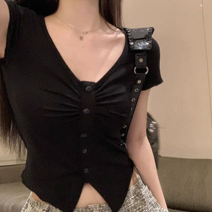 Buttoned Short-Sleeved V-Neck Plain Shirt
