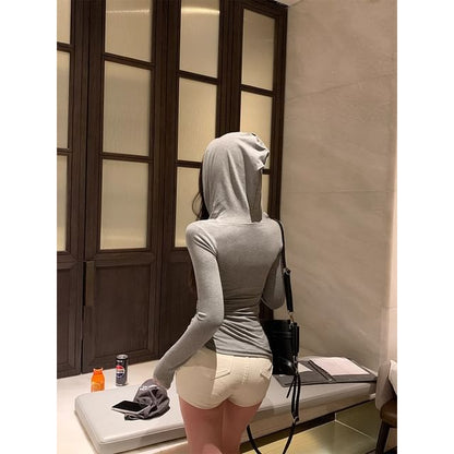 Half-Buttoned Hooded Long-Sleeved Plain Shirt