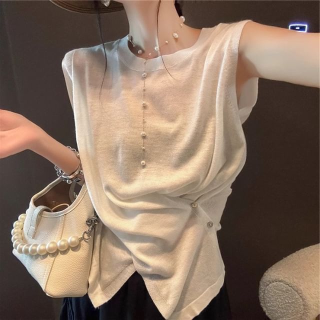 Slit-Hem Crewneck Sleeveless Plain Knit Blouse
