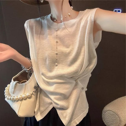 Slit-Hem Crewneck Sleeveless Plain Knit Blouse