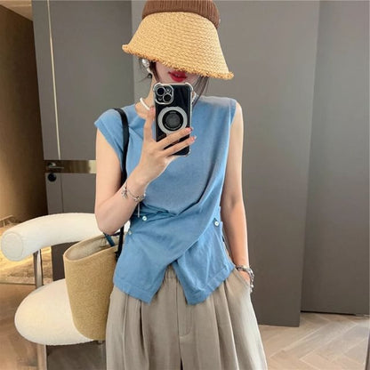 Slit-Hem Crewneck Sleeveless Plain Knit Blouse