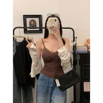 Cropped V-Neck Lace-Trimmed Plain Cami Blouse