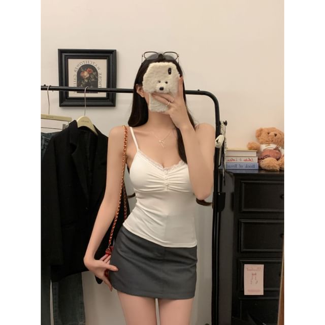 Cropped V-Neck Lace-Trimmed Plain Cami Blouse