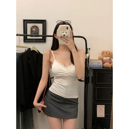 Cropped V-Neck Lace-Trimmed Plain Cami Blouse