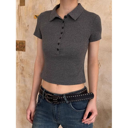 Plain Short-Sleeved Cropped Polo Shirt