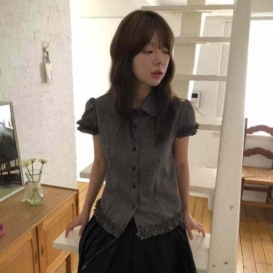 Short-Sleeved Collared Plaid Ruffled Button-Up Shirt