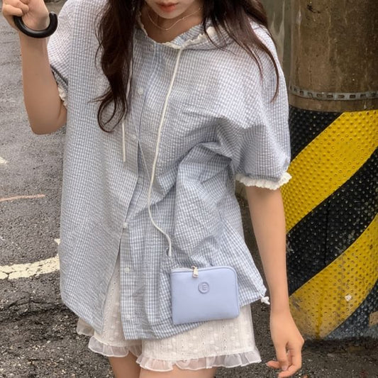 Hooded Plaid Lace-Trimmed Button-Up Short-Sleeved Shirt
