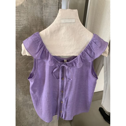 Sleeveless Scoop-Neck Plain Ruffled Button-Up Blouse