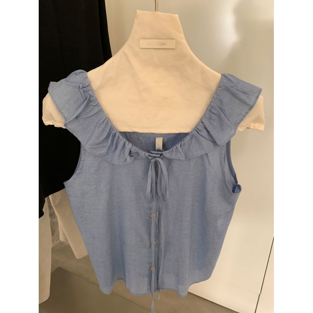 Sleeveless Scoop-Neck Plain Ruffled Button-Up Blouse