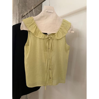 Sleeveless Scoop-Neck Plain Ruffled Button-Up Blouse