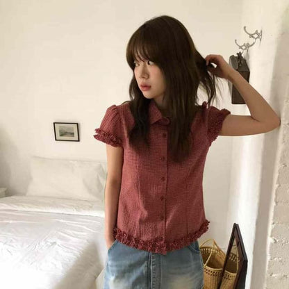 Short-Sleeved Collared Plaid Ruffled Button-Up Shirt