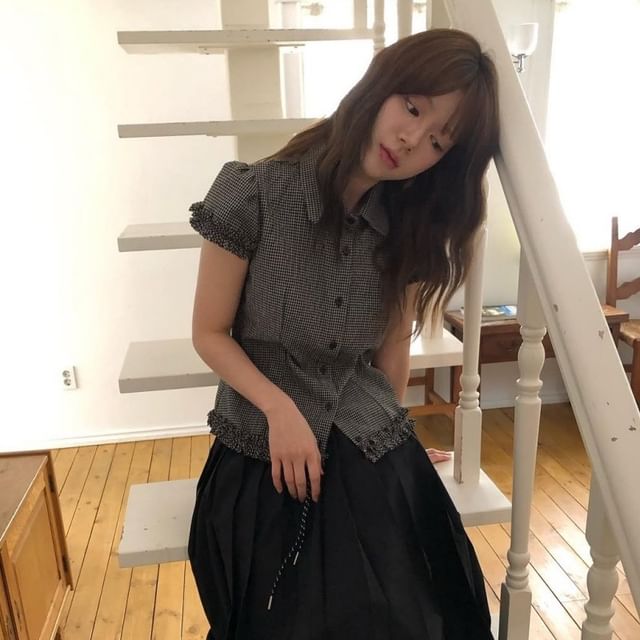 Short-Sleeved Collared Plaid Ruffled Button-Up Shirt