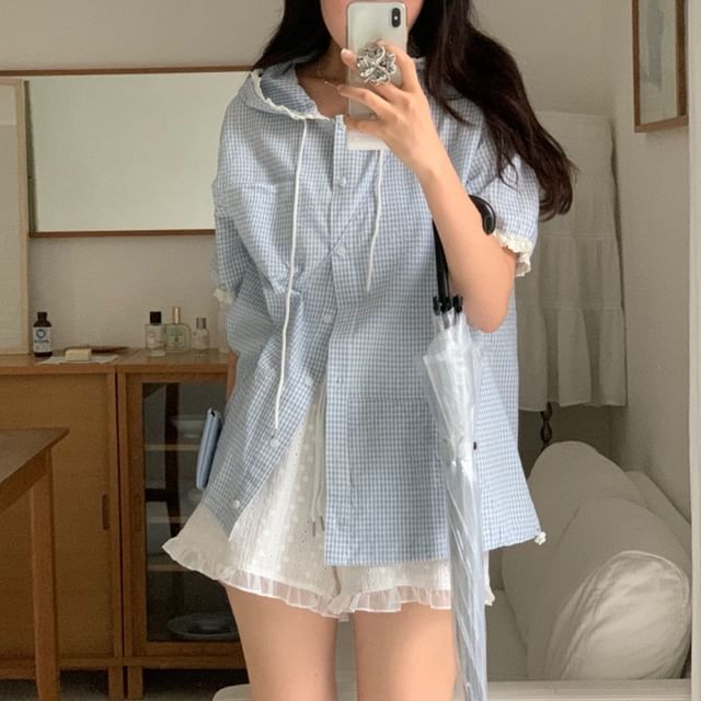 Hooded Plaid Lace-Trimmed Button-Up Short-Sleeved Shirt