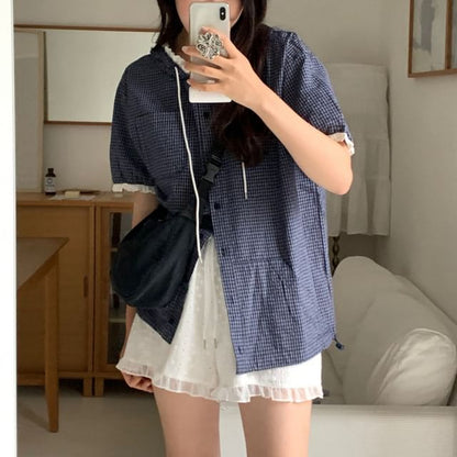Hooded Plaid Lace-Trimmed Button-Up Short-Sleeved Shirt