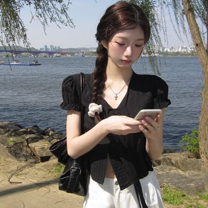 Ruffled Short-Sleeved V-Neck Plain Cropped Button-Up Blouse