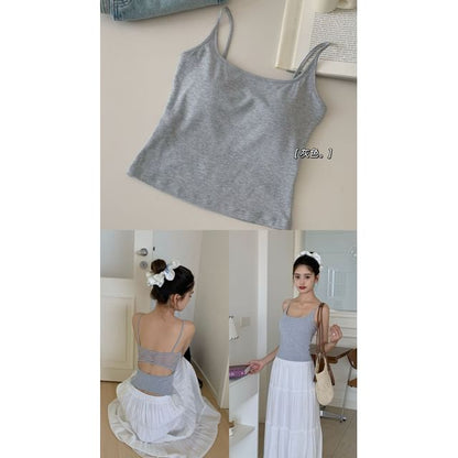 Lace-Paneled Open-Back Padded Slim Cropped Cami Blouse