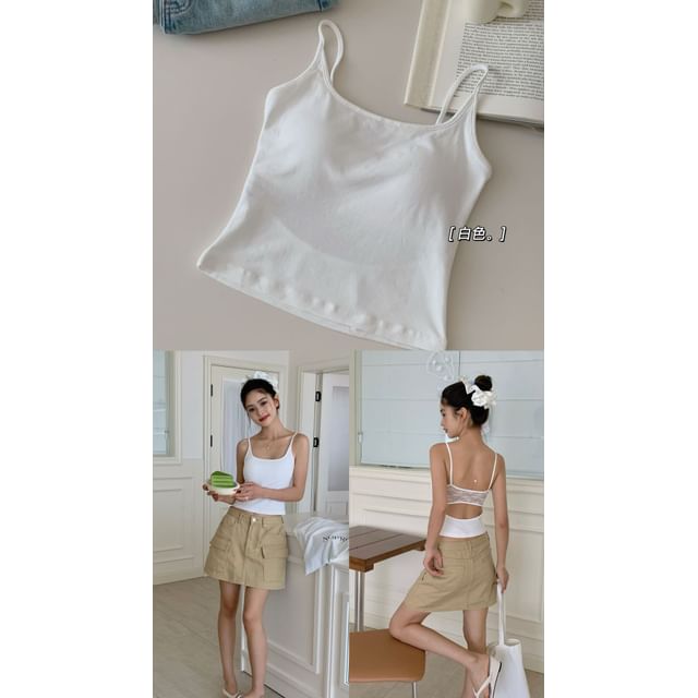 Lace-Paneled Open-Back Padded Slim Cropped Cami Blouse