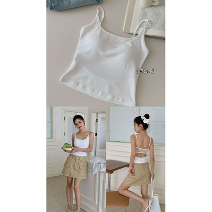 Lace-Paneled Open-Back Padded Slim Cropped Cami Blouse