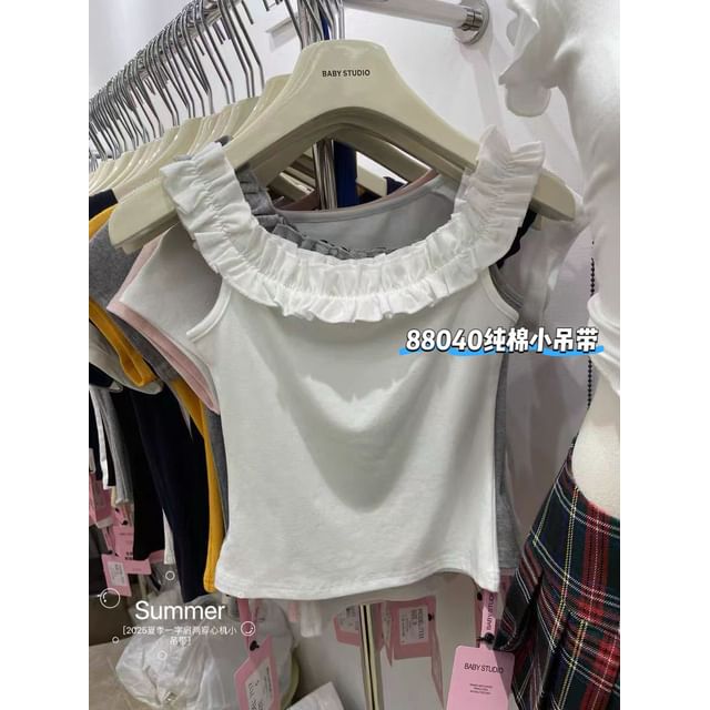 Ruffle-Trimmed Square-Neck Padded Slim Cropped Tank
