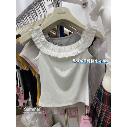 Ruffle-Trimmed Square-Neck Padded Slim Cropped Tank
