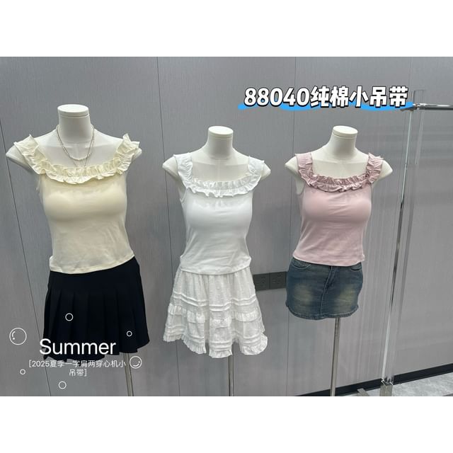 Ruffle-Trimmed Square-Neck Padded Slim Cropped Tank