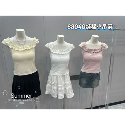 Ruffle-Trimmed Square-Neck Padded Slim Cropped Tank