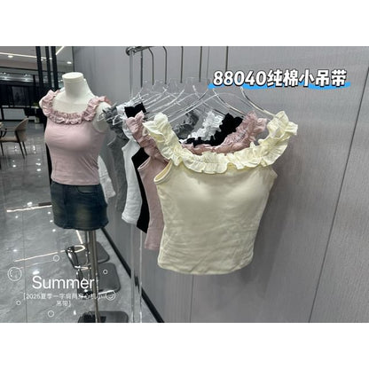 Ruffle-Trimmed Square-Neck Padded Slim Cropped Tank
