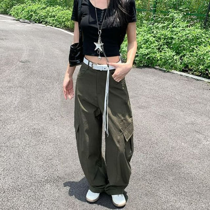 High Rise Plain Baggy Cargo Pants