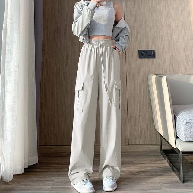High Rise Plain Wide Leg Cargo Pants