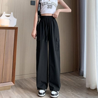 High Rise Plain Wide Leg Cargo Pants