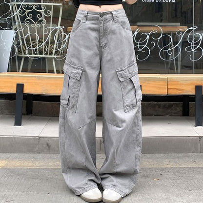 Mid Waist Plain Baggy Cargo Pants