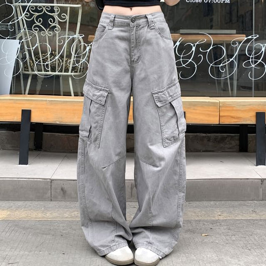 Mid Waist Plain Baggy Cargo Pants