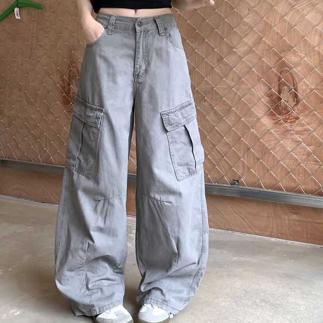 Mid Waist Plain Baggy Cargo Pants
