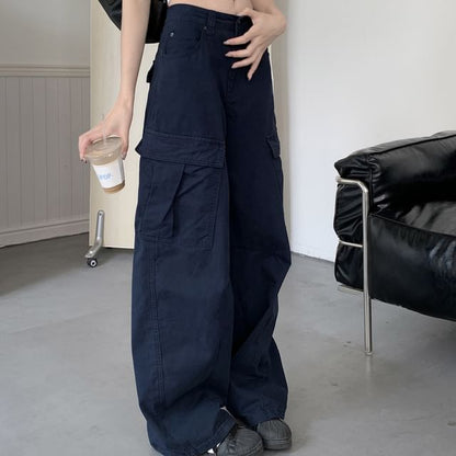Mid Waist Plain Baggy Cargo Pants