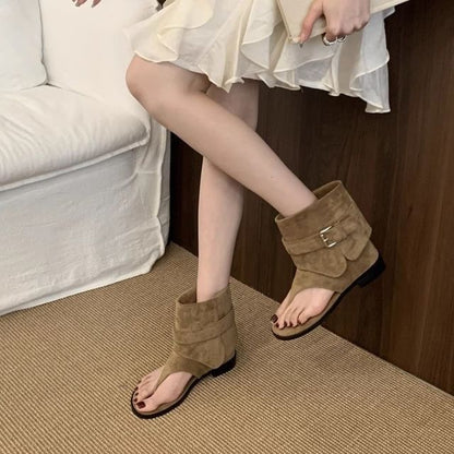 Low Heel Plain Buckled Faux Suede Short Thong Boots