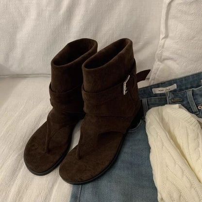 Low Heel Plain Buckled Faux Suede Short Thong Boots