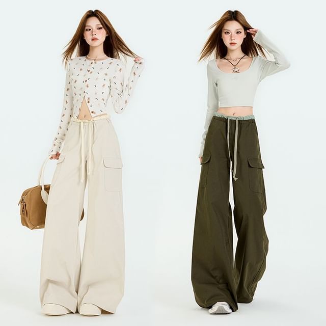 Drawstring Waist Contrast Trim Baggy Cargo Pants (Various Designs)