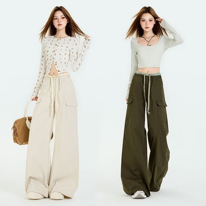 Drawstring Waist Contrast Trim Baggy Cargo Pants (Various Designs)
