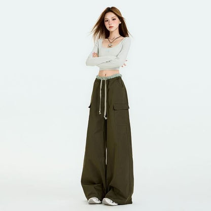 Drawstring Waist Contrast Trim Baggy Cargo Pants (Various Designs)
