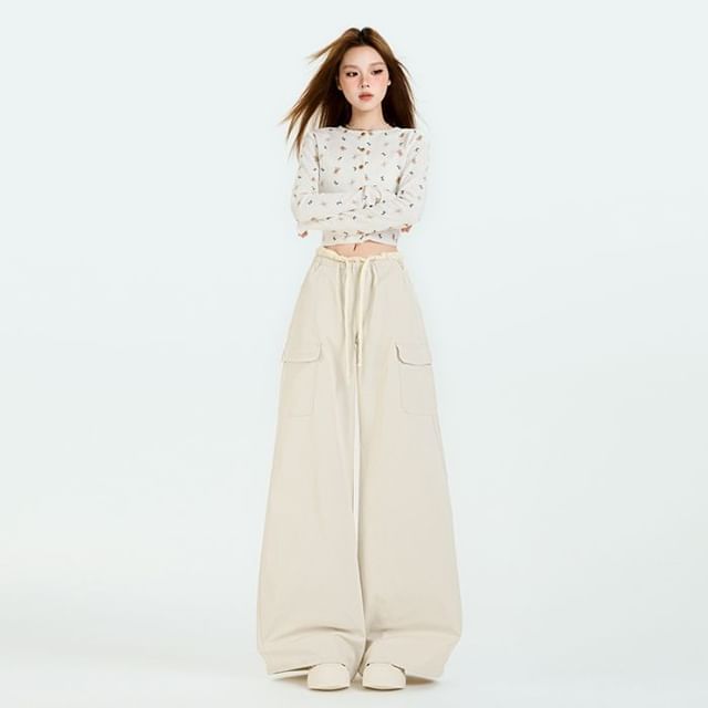 Drawstring Waist Contrast Trim Baggy Cargo Pants (Various Designs)