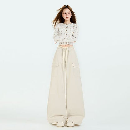 Drawstring Waist Contrast Trim Baggy Cargo Pants (Various Designs)
