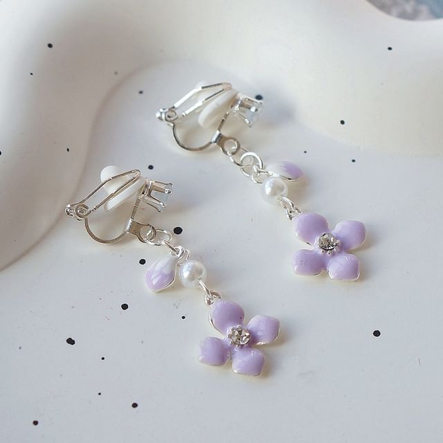 Clip Floral Earring On Dangle /