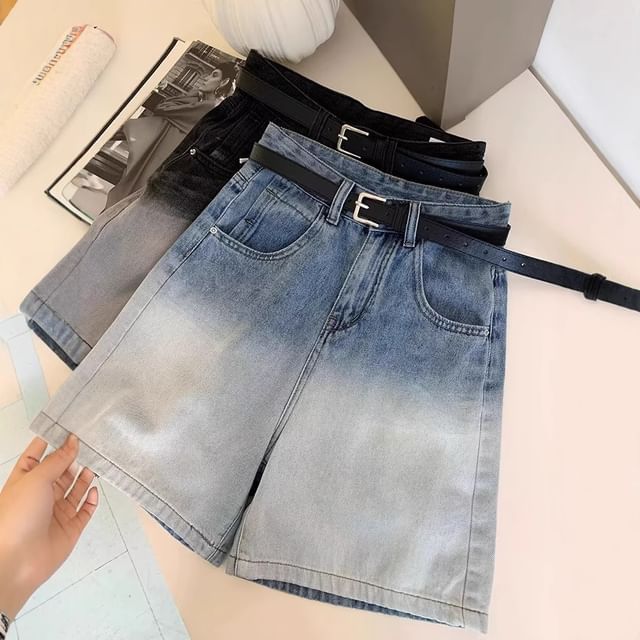 High Waist Gradient Washed Denim Shorts