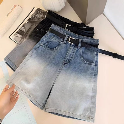 High Waist Gradient Washed Denim Shorts