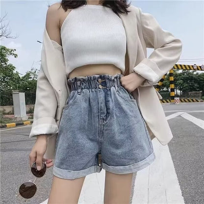 High Waist Roll Up Denim Shorts