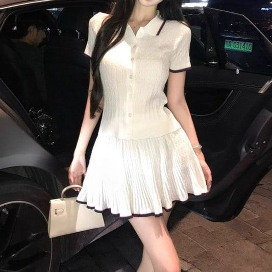 Short-Sleeve Contrast Trim Knit Top & Mini A-Line Skirt Set